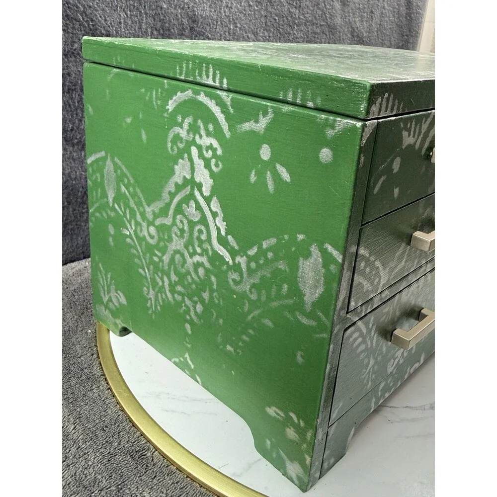 Green Hand Painted Wood Jewelry Box Silver Stencil Mirror Geometric Handmade